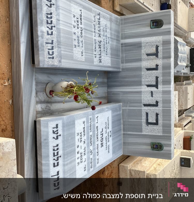 מצבות שיש עם כיתוב בעברית ופרחים באגרטל